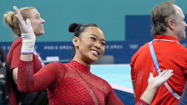 Sunisa Lee celebrates her bronze medal on the uneven bars during the Paris 2024 Olympic Summer Games.