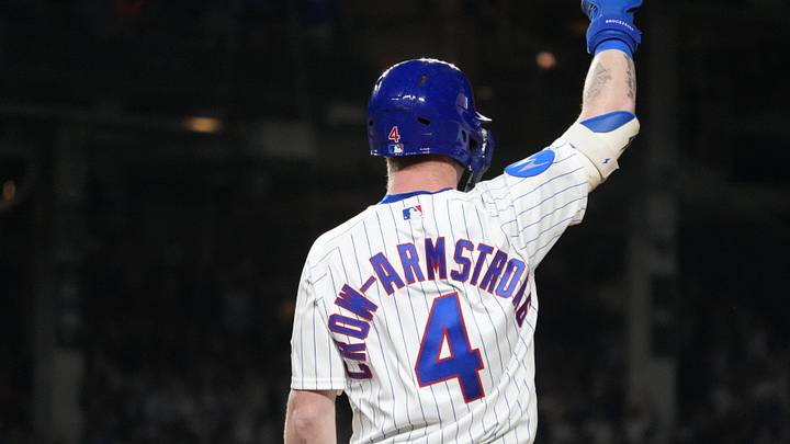 Jun 15, 2026; Chicago, Illinois, USA; Chicago Cubs center fielder Pete Crow-Armstrong (4) gestures after hitting a single to complete the cycle against the Colorado Rockies during the seventh inning at Wrigley Field. Mandatory Credit: David Banks-Imagn Images Jun 15, 2026; Chicago, Illinois, USA; Chicago Cubs center fielder Pete Crow-Armstrong (4) gestures after hitting a single to complete the cycle against the Colorado Rockies during the seventh inning at Wrigley Field. Mandatory Credit: David Banks-Imagn Images