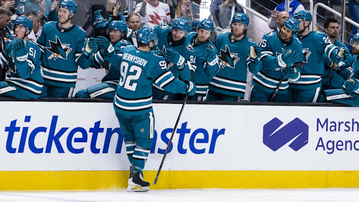 Dec 31, 2025; San Jose, California, USA;  San Jose Sharks left wing Igor Chernyshov (92) is congratulated by the bench after scoring against the Minnesota Wild during the second period at SAP Center at San Jose. Mandatory Credit: John Hefti-Imagn Images