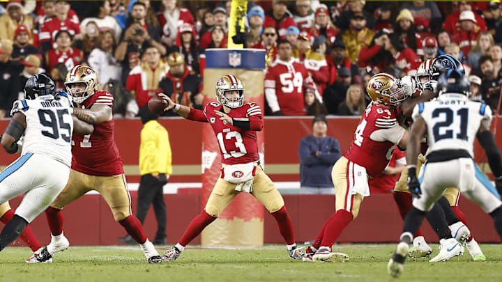 Nov 24, 2025; Santa Clara, California, USA; San Francisco 49ers quarterback Brock Purdy (13) drops back to pass against the Carolina Panthers during the second half at Levi's Stadium. Mandatory Credit: Kelley L Cox-Imagn Images