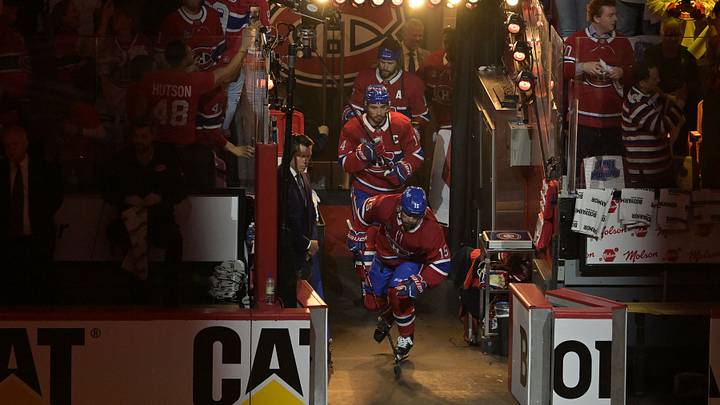 May 27, 2026; Montreal, Quebec, CAN; Montreal Canadiens center Alex Newhook (15) takes the ice before game four of the Eastern Conference Final of the 2026 Stanley Cup Playoffs at Bell Centre. Mandatory Credit: Eric Bolte-Imagn Images