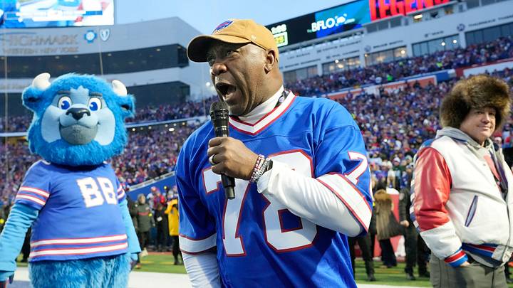Buffalo Bills legend Thurman Thomas gets the fans fired up as the Bills Legend of the Game before the Bills take the field to take on the Jets in their last regular season game against the Jets at Highmark Stadium in Orchard Park Sunday, January 6, 2026. Buffalo Bills legend Thurman Thomas gets the fans fired up as the Bills Legend of the Game before the Bills take the field to take on the Jets in their last regular season game against the Jets at Highmark Stadium in Orchard Park Sunday, January 6, 2026.