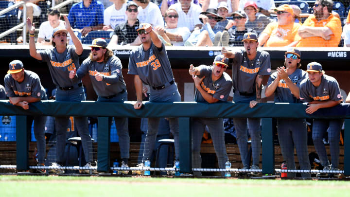 The Tennessee dugout celebrating after the game it tied against Stanford during the NCAA Baseball College World Series in Omaha, Nebraska, on Monday, June 19, 2023.