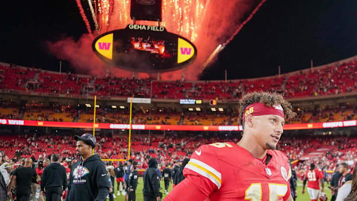 Oct 7, 2024; Kansas City, Missouri, USA; Kansas City Chiefs quarterback Patrick Mahomes (15) speaks with media after the win over the New Orleans Saints at GEHA Field at Arrowhead Stadium. Mandatory Credit: Denny Medley-Imagn Images