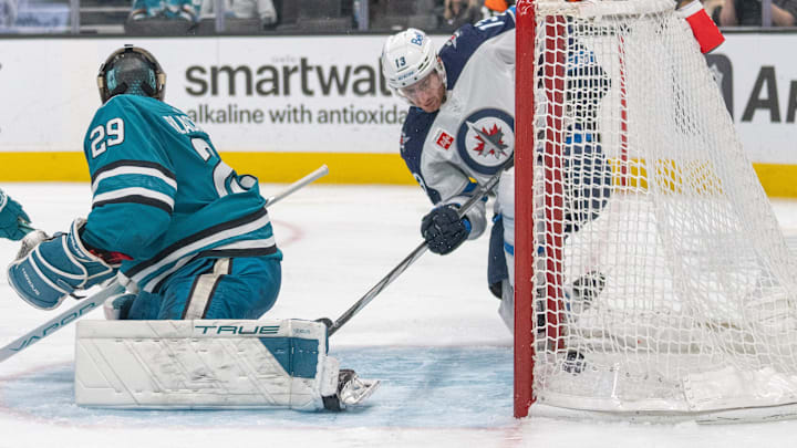 Jan 4, 2024; San Jose, California, USA; Winnipeg Jets center Gabriel Vilardi (13) deflects the puck