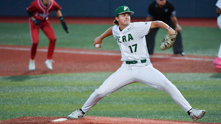 Lucas Glendinning pitches for Viera during the game against the East River Falcons in the Class 6A regional quarterfinal at USSSA Space Coast Stadium. Craig Bailey/FLORIDA TODAY via USA TODAY NETWORK

High School Baseball East River At Viera