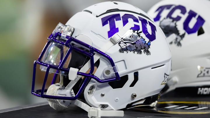 Dec 31, 2022; Glendale, Arizona, USA; Detailed view of a Texas Christian Horned Frogs helmet during the 2022 Fiesta Bowl at State Farm Stadium.