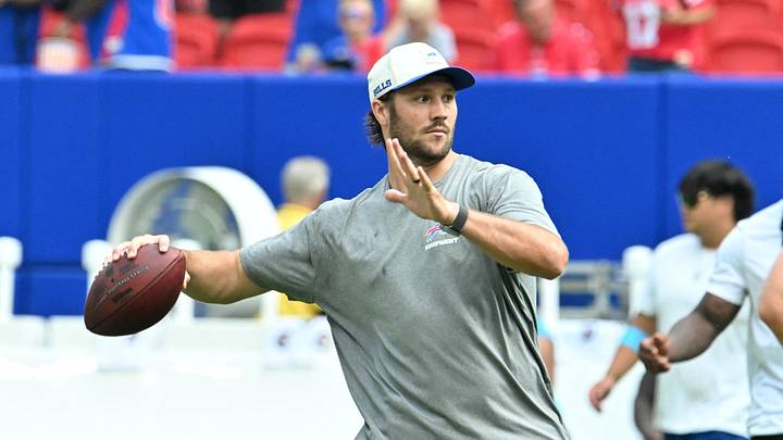 Buffalo Bills quarterback Josh Allen (17) warms up before a pre-season game against the Carolina Panthers at the New Highmark Stadium. Buffalo Bills quarterback Josh Allen (17) warms up before a pre-season game against the Carolina Panthers at the New Highmark Stadium.