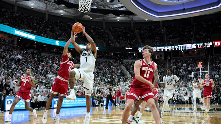 Jan 13, 2026; East Lansing, Michigan, USA; Michigan State Spartans guard Jeremy Fears Jr. (1) shoots against Indiana Hoosiers guard Tayton Conerway (6) during the second half at Jack Breslin Student Events Center. Mandatory Credit: Dale Young-Imagn Images Jan 13, 2026; East Lansing, Michigan, USA; Michigan State Spartans guard Jeremy Fears Jr. (1) shoots against Indiana Hoosiers guard Tayton Conerway (6) during the second half at Jack Breslin Student Events Center. Mandatory Credit: Dale Young-Imagn Images
