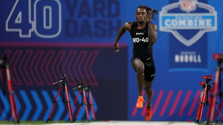 Mar 2, 2024; Indianapolis, IN, USA; Texas wide receiver Xavier Worthy (WO40) ran an official time of