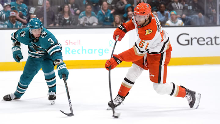 Oct 11, 2025; San Jose, California, USA; Anaheim Ducks left wing Cutter Gauthier (61) shoots against San Jose Sharks defenseman John Klingberg (3) and scores during the first period at SAP Center at San Jose. Mandatory Credit: Darren Yamashita-Imagn Images Oct 11, 2025; San Jose, California, USA; Anaheim Ducks left wing Cutter Gauthier (61) shoots against San Jose Sharks defenseman John Klingberg (3) and scores during the first period at SAP Center at San Jose. Mandatory Credit: Darren Yamashita-Imagn Images