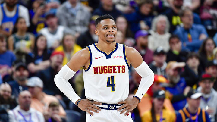 Denver Nuggets guard Russell Westbrook (4) watches during a free throw against the Utah Jazz during the first half at the Delta Center. 