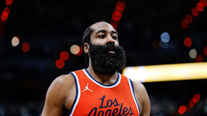 Apr 21, 2025; Denver, Colorado, USA; Los Angeles Clippers guard James Harden (1) in the third quarter against the Denver Nuggets during game two of first round for the 2025 NBA Playoffs at Ball Arena. Mandatory Credit: Isaiah J. Downing-Imagn Images