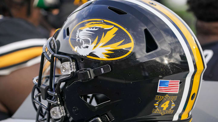 Nov 20, 2021; Columbia, Missouri, USA; A general view of a Missouri Tigers helmet against the Florida Gators during the game at Faurot Field at Memorial Stadium. Mandatory Credit: Denny Medley-Imagn Images