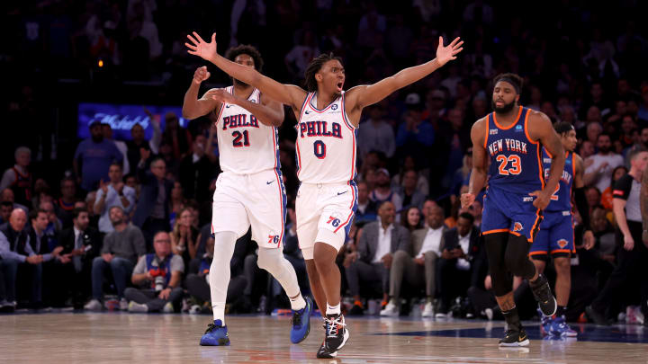 Apr 30, 2024; New York, New York, USA; Philadelphia 76ers guard Tyrese Maxey (0) reacts during overtime in game 5 of the first round of the 2024 NBA playoffs against the New York Knicks at Madison Square Garden. Mandatory Credit: Brad Penner-USA TODAY Sports