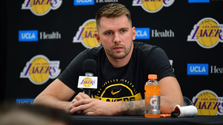 Sep 29, 2025; Los Angeles, CA, USA; Los Angeles Lakers guard Luka Doncic (77) during media day at UCLA Health Training Center. Mandatory Credit: Gary A. Vasquez-Imagn Images