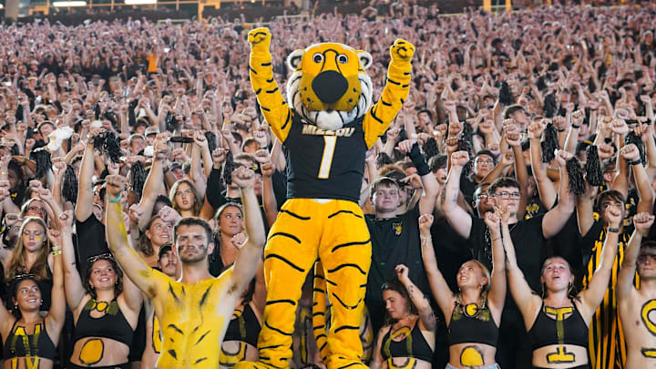 The Missouri Tigers mascot, Truman, celebrates with fans in a game against the South Carolina Gamecocks this season.