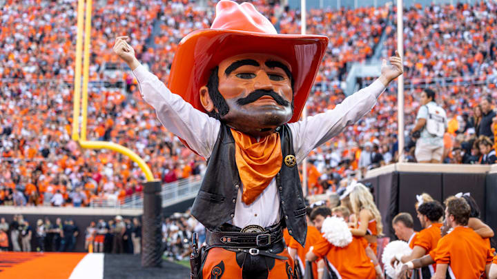 Pistol Pete cheers on the fans during a Bedlam college football game between the Oklahoma State University Cowboys (OSU) and the University of Oklahoma Sooners (OU) at Boone Pickens Stadium in Stillwater, Okla., Saturday, Nov. 4, 2023.