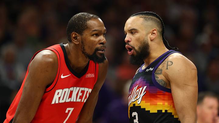 Apr 7, 2026; Phoenix, Arizona, USA; Houston Rockets forward Kevin Durant (7) against Phoenix Suns forward Dillon Brooks (3) at Mortgage Matchup Center. Mandatory Credit: Mark J. Rebilas-Imagn Images Apr 7, 2026; Phoenix, Arizona, USA; Houston Rockets forward Kevin Durant (7) against Phoenix Suns forward Dillon Brooks (3) at Mortgage Matchup Center. Mandatory Credit: Mark J. Rebilas-Imagn Images