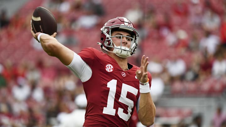 Sep 7, 2024; Tuscaloosa, Alabama, USA;  Alabama Crimson Tide quarterback Ty Simpson (15) warms up before a game against the South Florida Bulls at Bryant-Denny Stadium. Mandatory Credit: Gary Cosby Jr.-Imagn Images