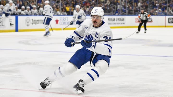 Nov 2, 2024; St. Louis, Missouri, USA; Toronto Maple Leafs center Auston Matthews (34) skates against the St. Louis Blues during the first period at Enterprise Center. Mandatory Credit: Jeff Curry-Imagn Images Nov 2, 2024; St. Louis, Missouri, USA; Toronto Maple Leafs center Auston Matthews (34) skates against the St. Louis Blues during the first period at Enterprise Center. Mandatory Credit: Jeff Curry-Imagn Images