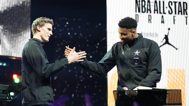 Feb 19, 2023; Salt Lake City, UT, USA; Team Giannis forward Giannis Antetokounmpo (right) drafts forward Lauri Markkanen (23) before the 2023 NBA All-Star Game at Vivint Arena. Mandatory Credit: Kyle Terada-Imagn Images Feb 19, 2023; Salt Lake City, UT, USA; Team Giannis forward Giannis Antetokounmpo (right) drafts forward Lauri Markkanen (23) before the 2023 NBA All-Star Game at Vivint Arena. Mandatory Credit: Kyle Terada-Imagn Images