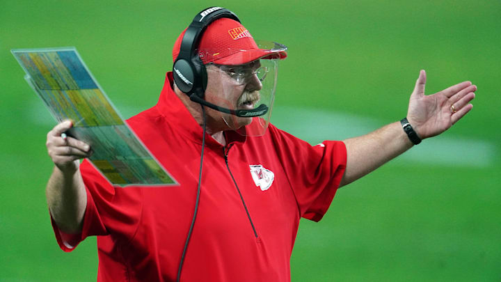 Nov 22, 2020; Paradise, Nevada, USA; Kansas City Chiefs head coach Andy Reid reacts against the Las Vegas Raiders during the second half at Allegiant Stadium. Mandatory Credit: Kirby Lee-Imagn Images