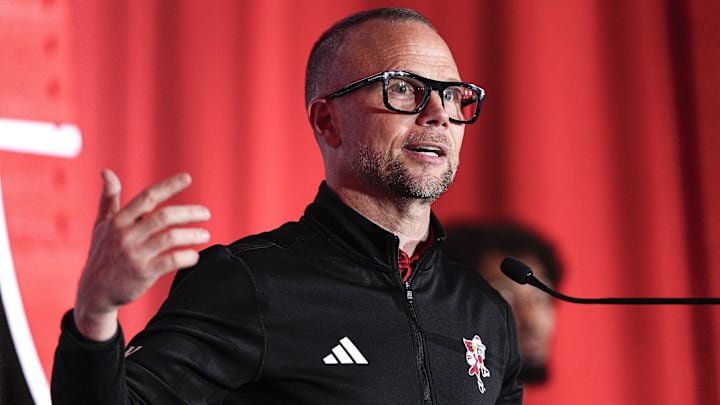 Oct 10, 2024; Charlotte, NC, USA; Louisville head coach Pat Kelsey answers questions from the media at The Hilton Charlotte Uptown. Oct 10, 2024; Charlotte, NC, USA; Louisville head coach Pat Kelsey answers questions from the media at The Hilton Charlotte Uptown.