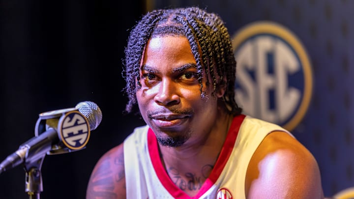 Alabama Crimson Tide guard Latrell Wrightsell Jr. talks with the media during SEC Media Days at Grand Bohemian Hotel. 