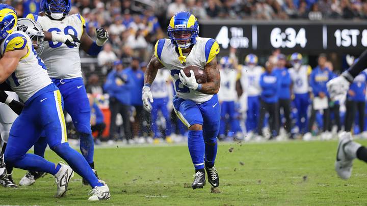 Los Angeles Rams running back Blake Corum (24) runs for a touchdown during the second half against the Las Vegas Raiders at Allegiant Stadium. Los Angeles Rams running back Blake Corum (24) runs for a touchdown during the second half against the Las Vegas Raiders at Allegiant Stadium.