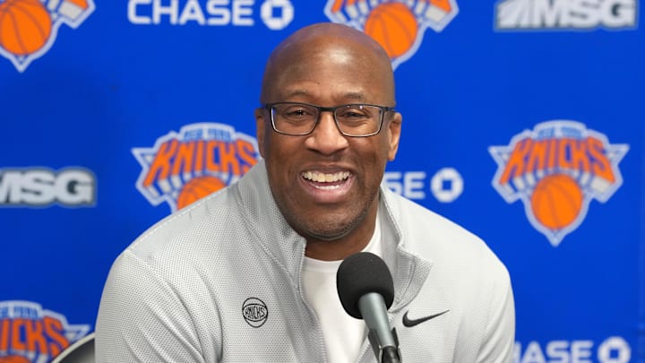 Mar 8, 2026; Los Angeles, California, USA; New York Knicks head coach Mike Brown at press conferences at the Crypto.com Arena. Mandatory Credit: Kirby Lee-Imagn Images