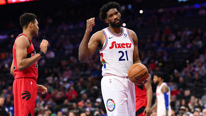 Feb 11, 2025; Philadelphia, Pennsylvania, USA; Philadelphia 76ers center Joel Embiid (21) reacts against the Toronto Raptors in the second quarter at Wells Fargo Center. Mandatory Credit: Kyle Ross-Imagn Images