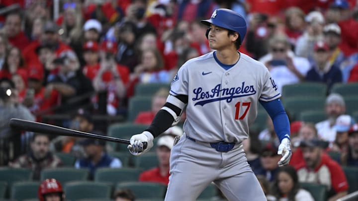 May 1, 2026; St. Louis, Missouri, USA; Los Angeles Dodgers designated hitter Shohei Ohtani (17) at bat against the St. Louis Cardinals in the first inning at Busch Stadium. Mandatory Credit: Joe Puetz-Imagn Images