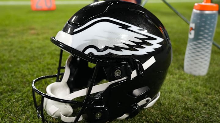 Nov 10, 2025; Green Bay, Wisconsin, USA;  General view of an Philadelphia Eagles helmet during the game against the Green Bay Packers at Lambeau Field. Mandatory Credit: Jeff Hanisch-Imagn Images