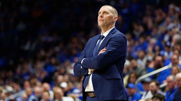 Feb 11, 2025; Lexington, Kentucky, USA; Kentucky Wildcats head coach Mark Pope looks on during the first half against the Tennessee Volunteers at Rupp Arena at Central Bank Center. Mandatory Credit: Jordan Prather-Imagn Images