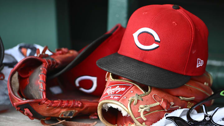 Jul 23, 2025; Washington, District of Columbia, USA; General view of Cincinnati Reds hat during the game against the Washington Nationals at Nationals Park. Mandatory Credit: Brad Mills-Imagn Images Jul 23, 2025; Washington, District of Columbia, USA; General view of Cincinnati Reds hat during the game against the Washington Nationals at Nationals Park. Mandatory Credit: Brad Mills-Imagn Images