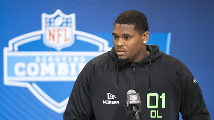Mar 1, 2025; Indianapolis, IN, USA; University of Texas offensive lineman Kelvin Banks (OL01) answers questions at a press conference during the 2025 NFL Combine at Indiana Convention Center. Mandatory Credit: Jacob Musselman-Imagn Images