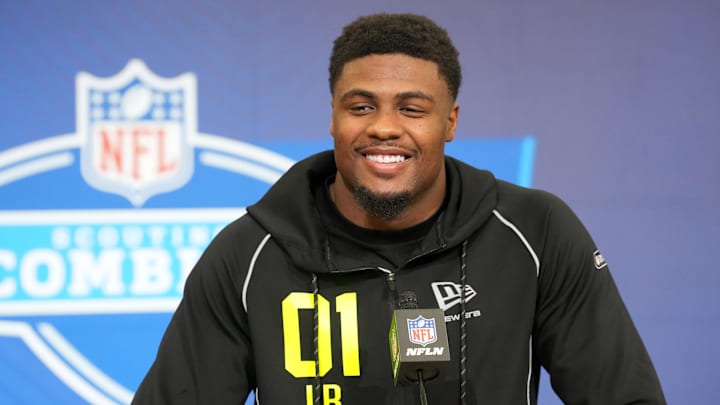 Feb 25, 2026; Indianapolis, IN, USA; Georgia linebacker CJ Allen (LB01) speaks during the NFL Scouting Combine at the Indiana Convention Center. Mandatory Credit: Kirby Lee-Imagn Images