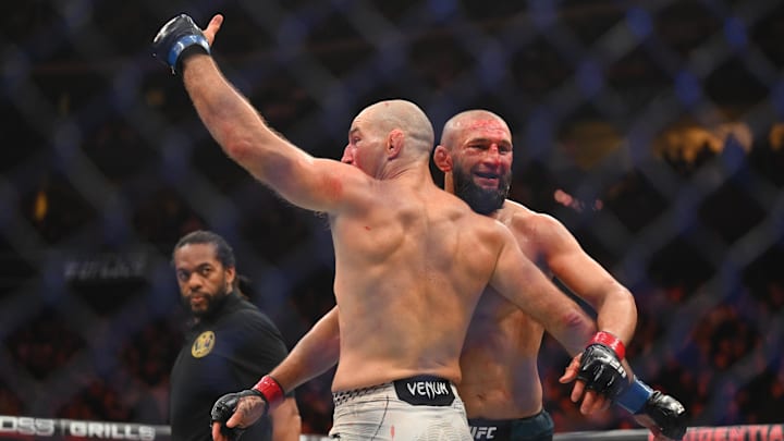 May 9, 2026; Newark, New Jersey, UNITED STATES; Sean Strickland (blue gloves) celebrates after defeating Khamzat Chimaev (red gloves) during UFC 328 at Prudential Center. Mandatory Credit: John Jones-Imagn Images May 9, 2026; Newark, New Jersey, UNITED STATES; Sean Strickland (blue gloves) celebrates after defeating Khamzat Chimaev (red gloves) during UFC 328 at Prudential Center. Mandatory Credit: John Jones-Imagn Images