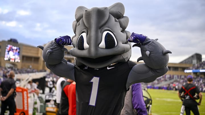 Nov 29, 2025; Fort Worth, Texas, USA; A view of the TCU Horned Frogs mascot during the first half against the Cincinnati Bearcats at Amon G. Carter Stadium. Mandatory Credit: Jerome Miron-Imagn Images