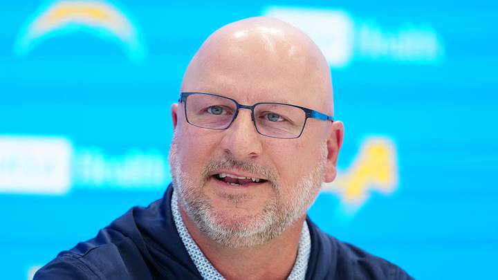 Apr 16, 2026; El Segundo, CA, USA; Los Angeles Chargers general manager Joe Hortiz speaks at press conference at The Bolt. Mandatory Credit: Kirby Lee-Imagn Images