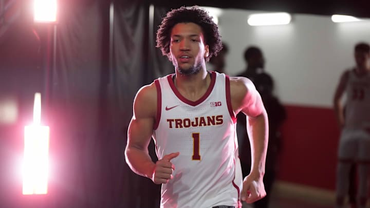 Feb 11, 2025; Los Angeles, California, USA; Southern California Trojans guard Desmond Claude (1) enters the court against the Penn State Nittany Lions at Galen Center. Mandatory Credit: Kirby Lee-Imagn Images