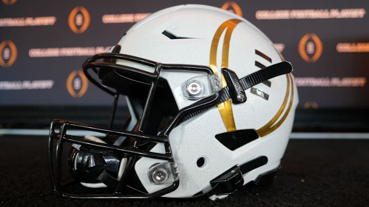 A detailed view of a helmet with the College Football Playoff logo at CFP press conference at Banc of California Stadium. A detailed view of a helmet with the College Football Playoff logo at CFP press conference at Banc of California Stadium.