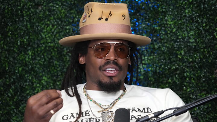 Feb 7, 2025; New Orleans, LA, USA; Cam Newton on Radio Row at the Super Bowl LIX media center. Mandatory Credit: Kirby Lee-Imagn Images