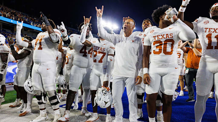 Oct 18, 2025; Lexington, Kentucky, USA; Texas Longhorns head coach Steve Sarkisian celebrates with his team after winning the game against the Kentucky Wildcats at Kroger Field.