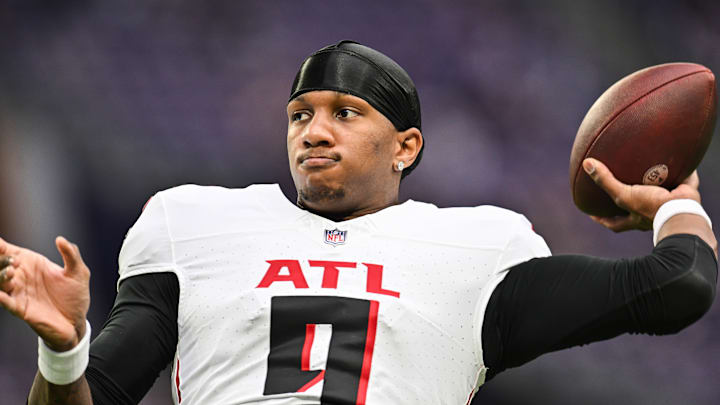 Dec 8, 2024; Minneapolis, Minnesota, USA; Atlanta Falcons quarterback Michael Penix Jr. (9) warms up before the game against the Minnesota Vikings at U.S. Bank Stadium. Mandatory Credit: Jeffrey Becker-Imagn Images