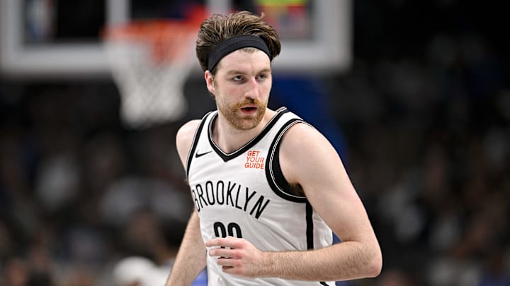 Mar 31, 2025; Dallas, Texas, USA; Brooklyn Nets forward Drew Timme (26) in action during the game between the Dallas Mavericks and the Brooklyn Nets at the American Airlines Center. Mandatory Credit: Jerome Miron-Imagn Images