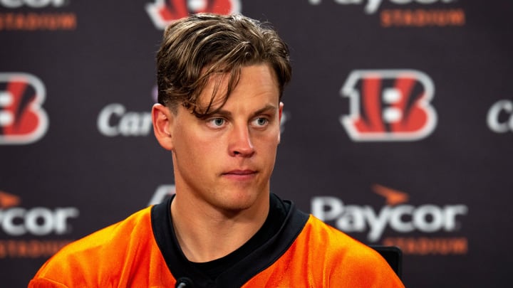 Cincinnati Bengals quarterback Joe Burrow (9) looks on during a press conference after at the IEL Indoor Facility in Cincinnati on Tuesday, June 11, 2024. Cincinnati Bengals quarterback Joe Burrow (9) looks on during a press conference after at the IEL Indoor Facility in Cincinnati on Tuesday, June 11, 2024.