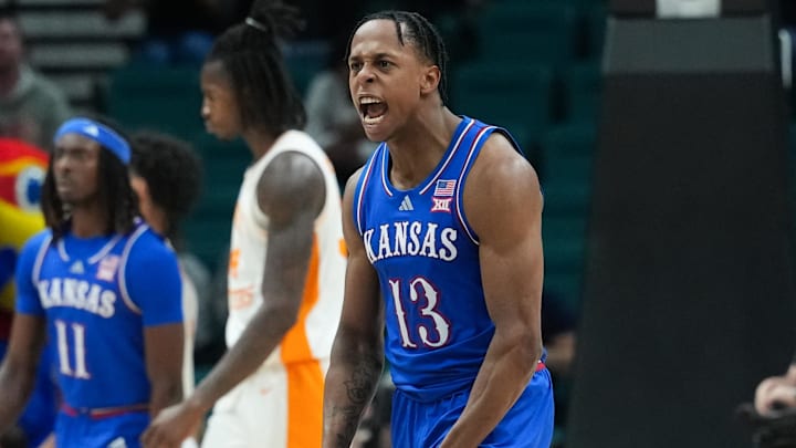 Nov 26, 2025; Las Vegas, NV, USA; Kansas Jayhawks guard Elmarko Jackson (13) reacts in the second half against the Tennessee Volunteers in the 2025 Players Era Festival third place game at MGM Grand Garden Arena. Mandatory Credit: Kirby Lee-Imagn Images