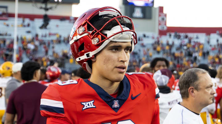 Nov 30, 2024; Tucson, Arizona, USA; Arizona Wildcats kicker Michael Salgado-Medina (19) against the Arizona State Sun Devils during the Territorial Cup at Arizona Stadium. Mandatory Credit: Mark J. Rebilas-Imagn Images